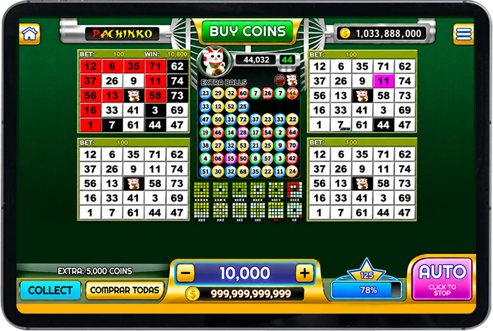 Tela de gameplay de Pachinko 3 mostrando quatro cartelas em jogo